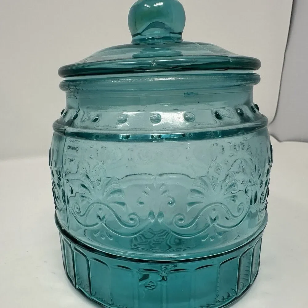 The Pioneer Woman Cassie Teal Embossed Glass Canister 3-Piece Set READ
